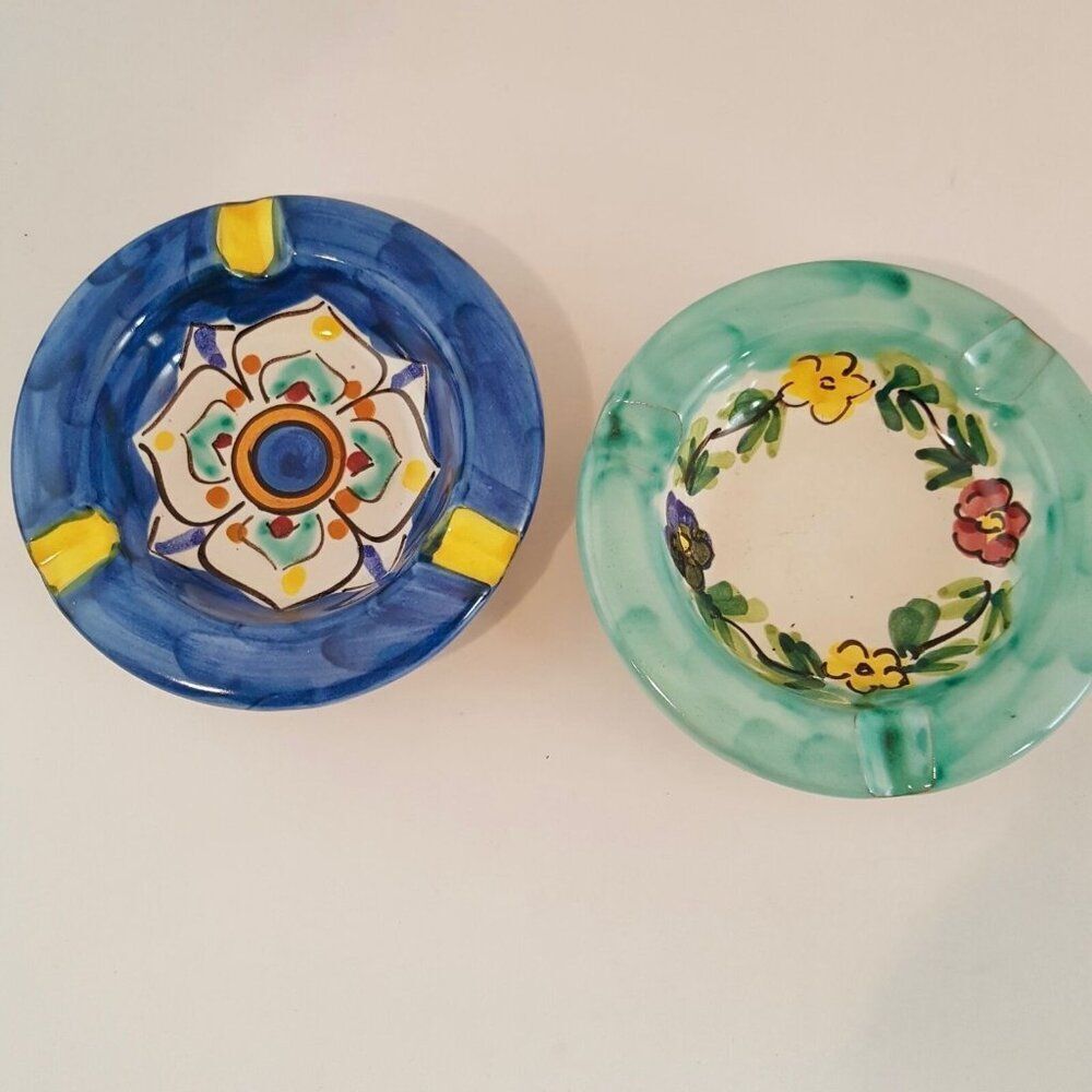 Vietri Store Dip A Mano Ceramic 4” Ashtrays Italy Floral Blue Green New Pottery
